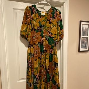 Farm Rio Black Garden Velvet Half Sleeve Midi Dress